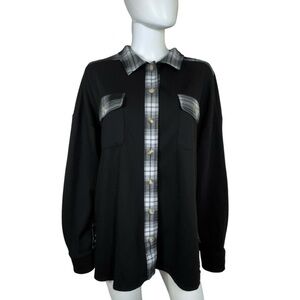 Women’s Black Waffle Contrast-Panel Plaid Shirt Jacket